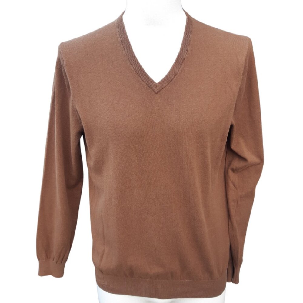 Massimo Dutti SZ M V-Neck Chestnut Brown Men's Cotton, Silk & Cashmere Sweater